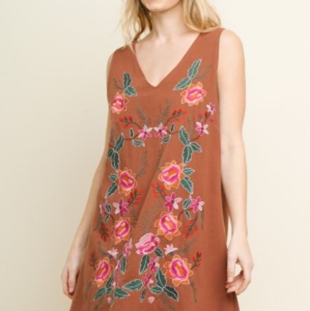 Umgee Floral Embroidered Boho Shift Mini Dress